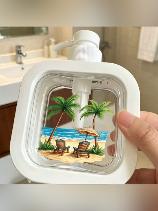 Other - Clear Square Pump Bottle with Beach Graphic - White Pump